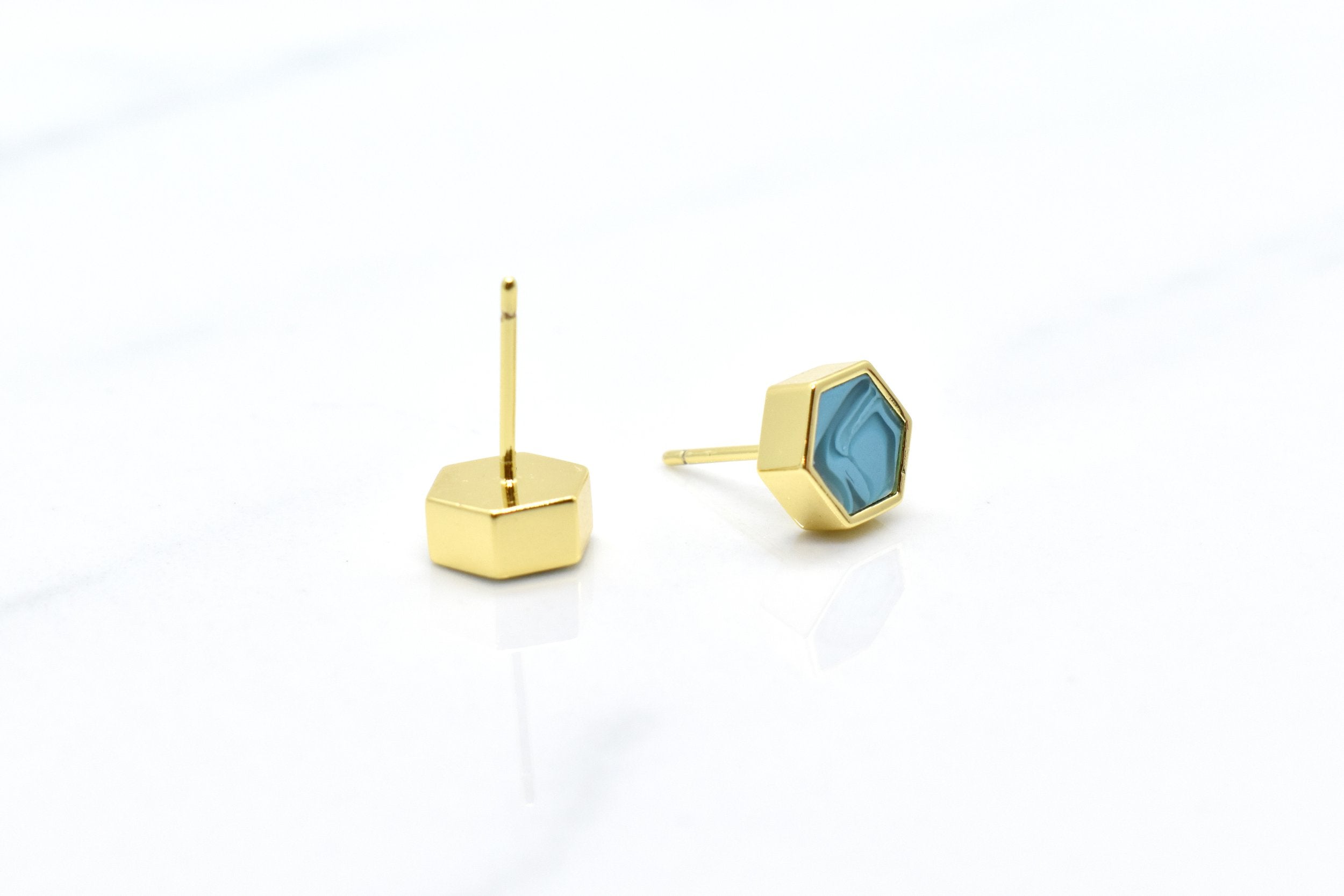 small gemstone inspired earrings in aquamarine and gold hexagon studs march birthstone jewelry earrings