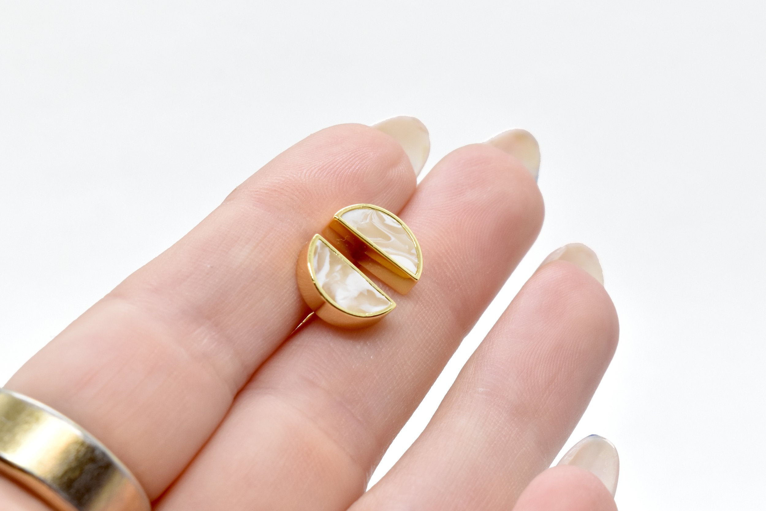 geometric half moon stud earrings in crystal quartz