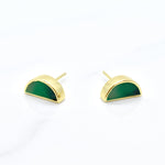 gold half moon stud earring set in emerald green clay with posts that are good for sensitive ears, sterling silver 14k gold