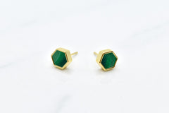 green and gold hexagon stud earring set with swirling emerald texture and 14k gold hexagon shape against a white background
