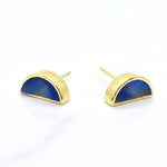 14k gold moon earrings in sapphire gemstone clay, geometric jewelry that's delicate and colorful on white background