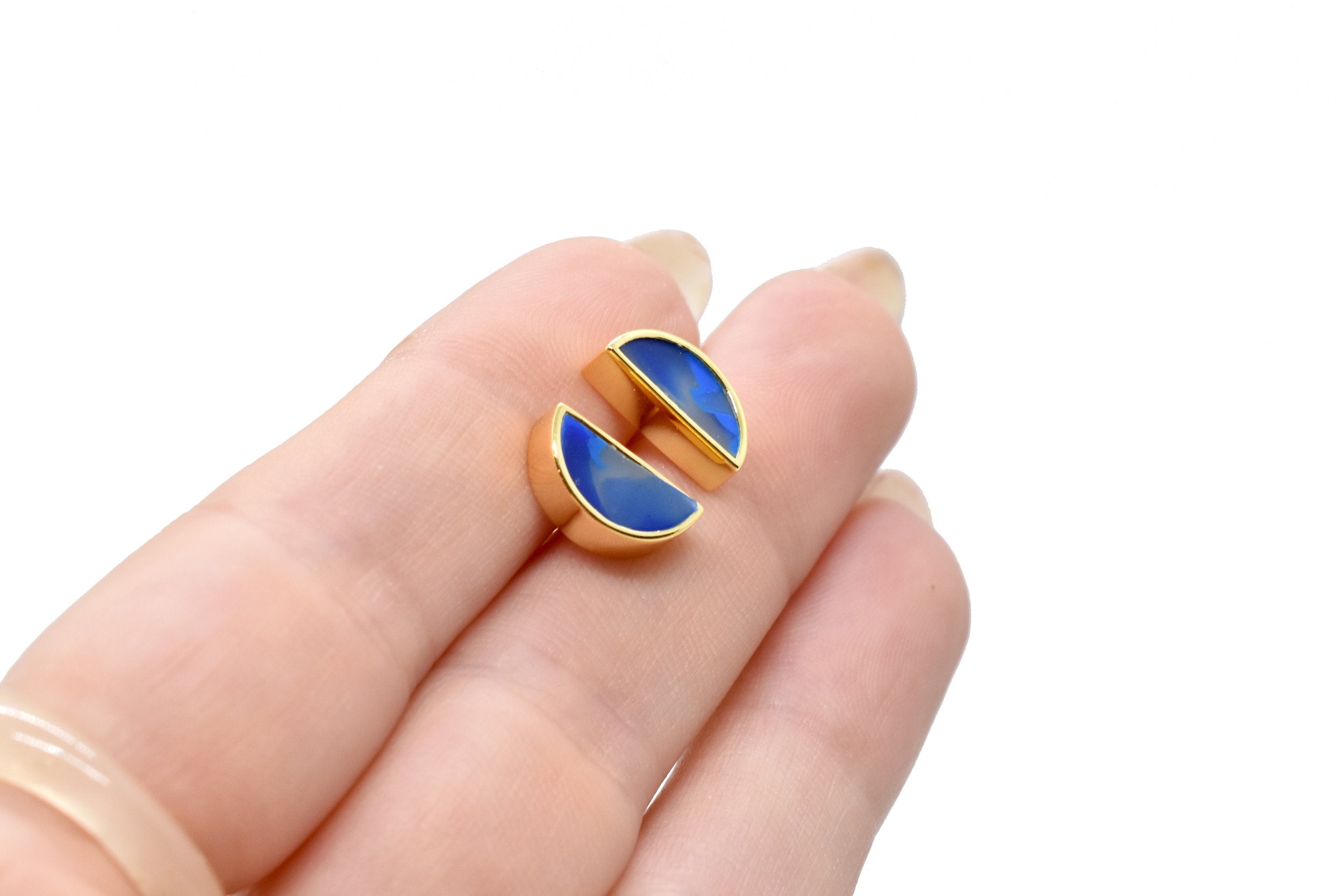 geometric half moon stud earrings in sapphire gemstone blue clay