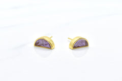 half moon geometric stud earring set in amethyst and gold