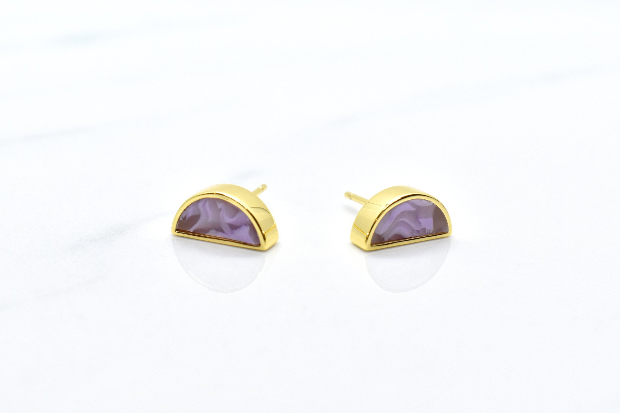 half moon geometric stud earring set in amethyst and gold