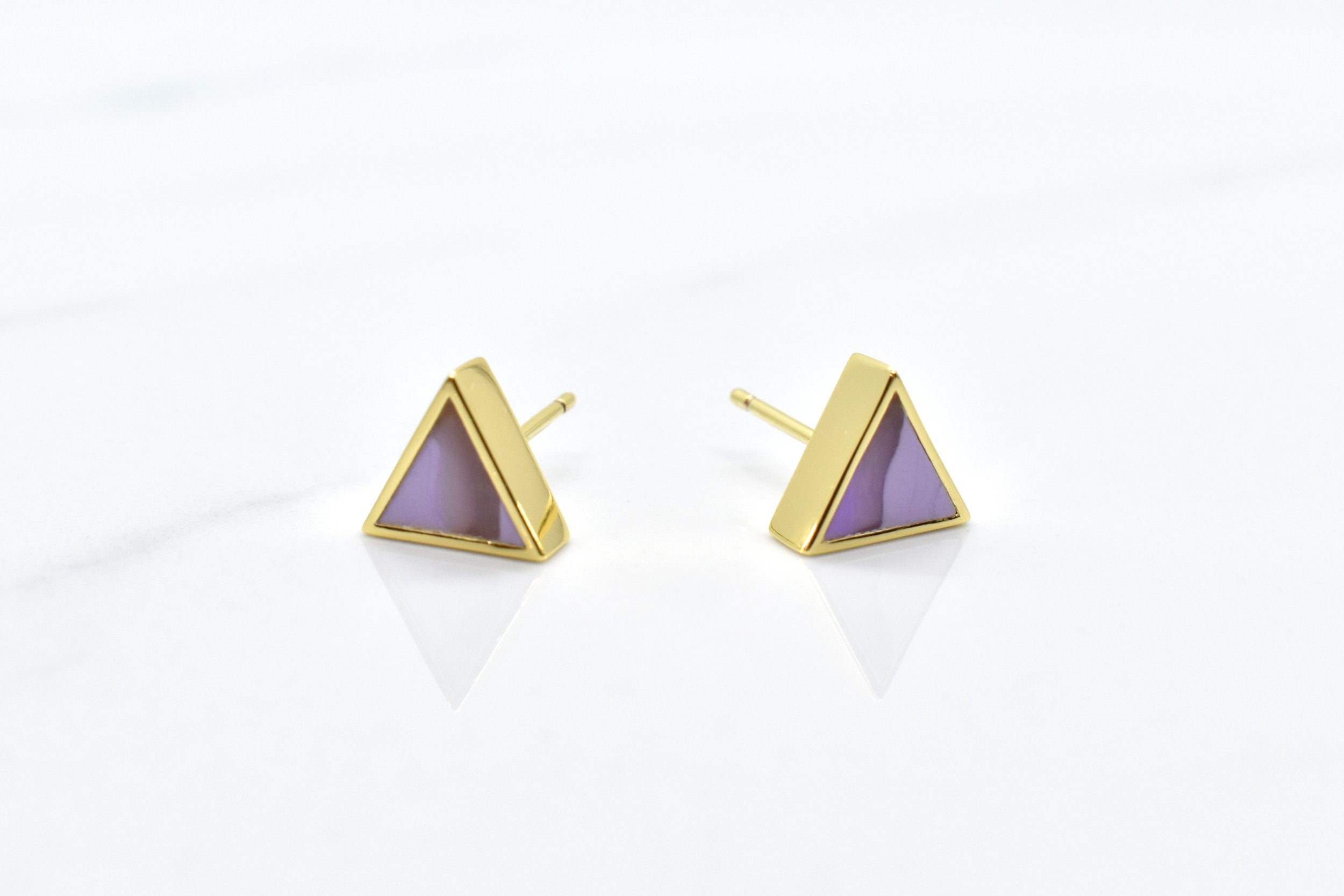 amethyst and gold plated brass triangle stud earrings