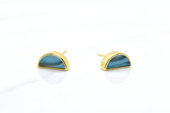 gold triangle stud earring set in aquamarine gemstone clay shown from the front