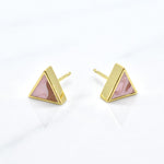 gold triangle stud earring set in rose quartz