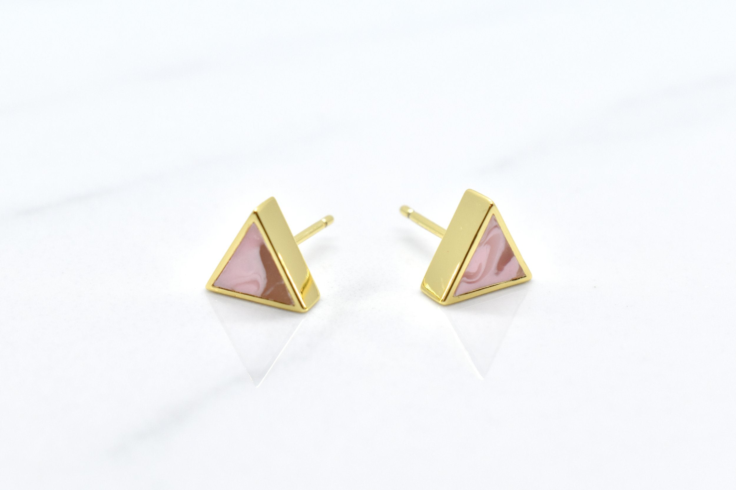 gold triangle stud earring set in rose quartz