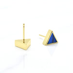 geometric triangle stud earrings in deep cobalt blue showing the backside where you can see the 14k gold plated posts that are hypoallergenic and good for sensitive ears