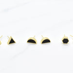 a white background featuring three pairs of modern geometric stud earring sets that loom like black hexagon earrings stud set with gold plated silver 925 hexagon shape