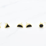 a set of three geometric gold studs delicate modern triangle earrings black obsidian and 14k gold plated sterling silver