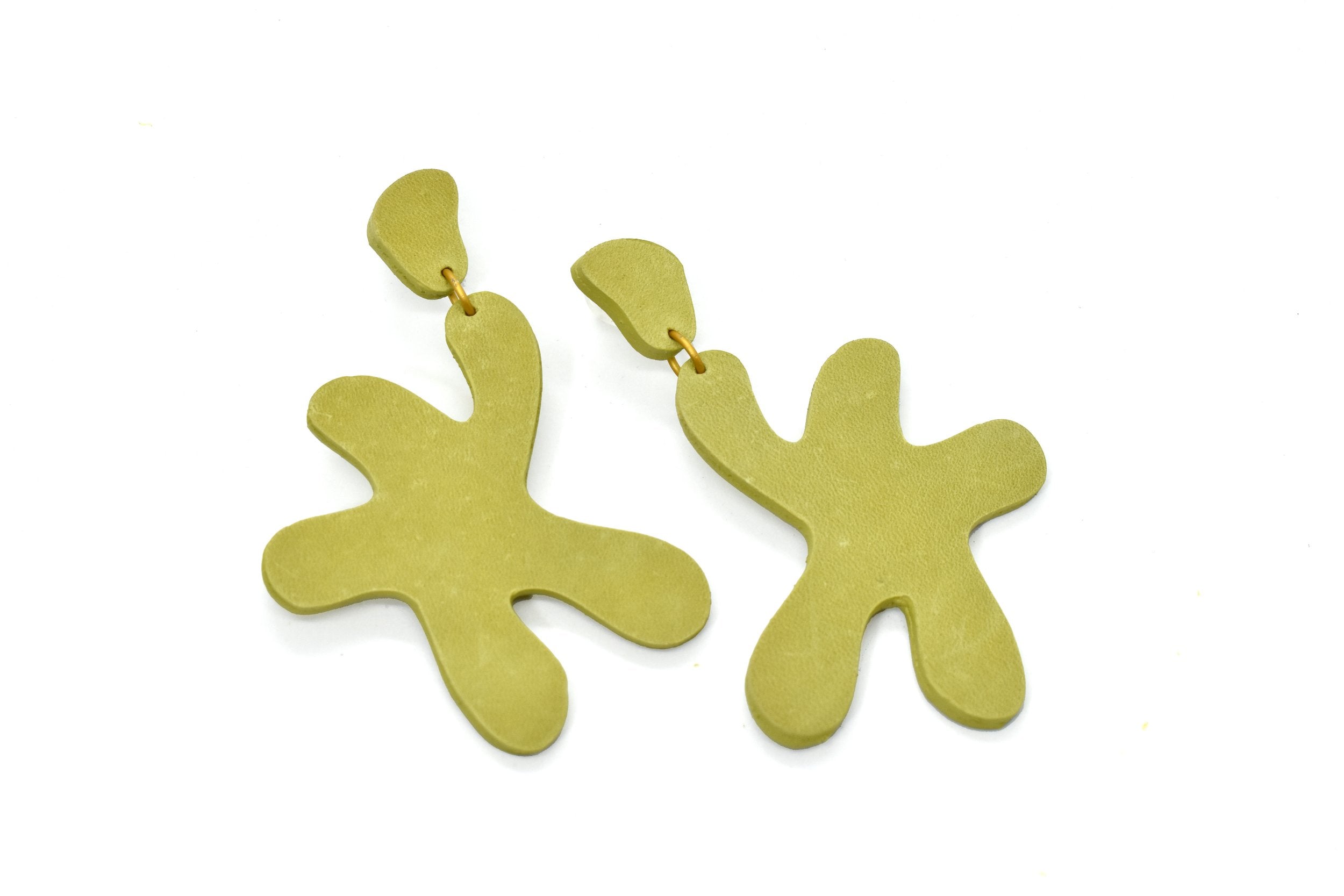 chartreuse statement earrings in Matisse style, lime green leather earrings in bold modern accessory style