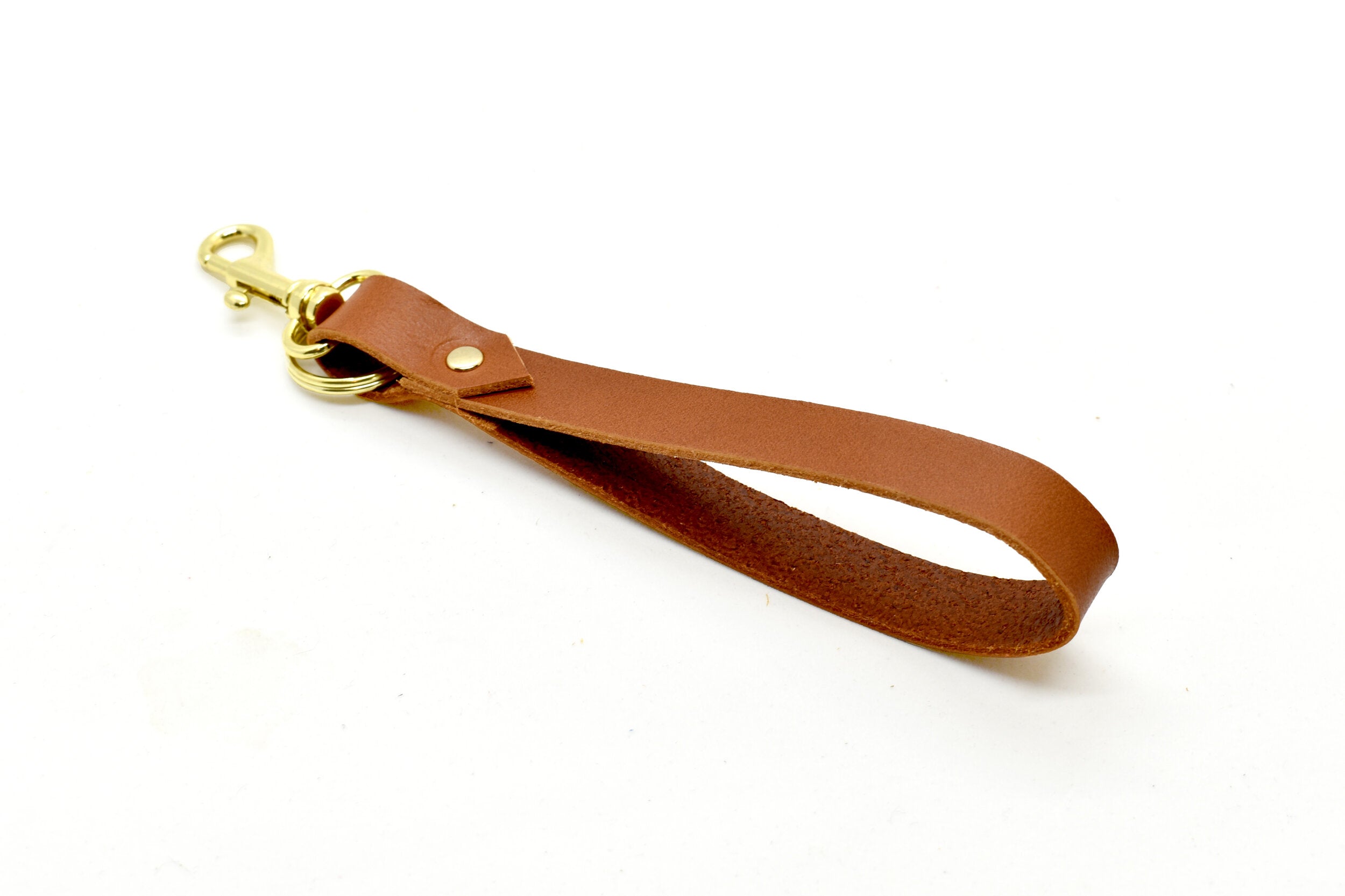 Minimal Leather Keychain Wristlet in Saddle Chestnut Leather