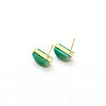 earrings showing the back of studs with surgical steel, hypoallergenic posts, marbled translucent green geometric shape studs May jewelry birthstone earrings gifts for her