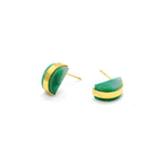 a pair of emerald studs is shown laying down to show off the surgical steel hypoallergenic posts that are great for sensitive ears. The jade studs are great for may birthday gifts
