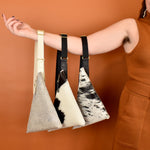 hair-on-hide leather sling bag leather bag crossbody black and white clutch accessory perfect bag for nashville bachelorette party favors