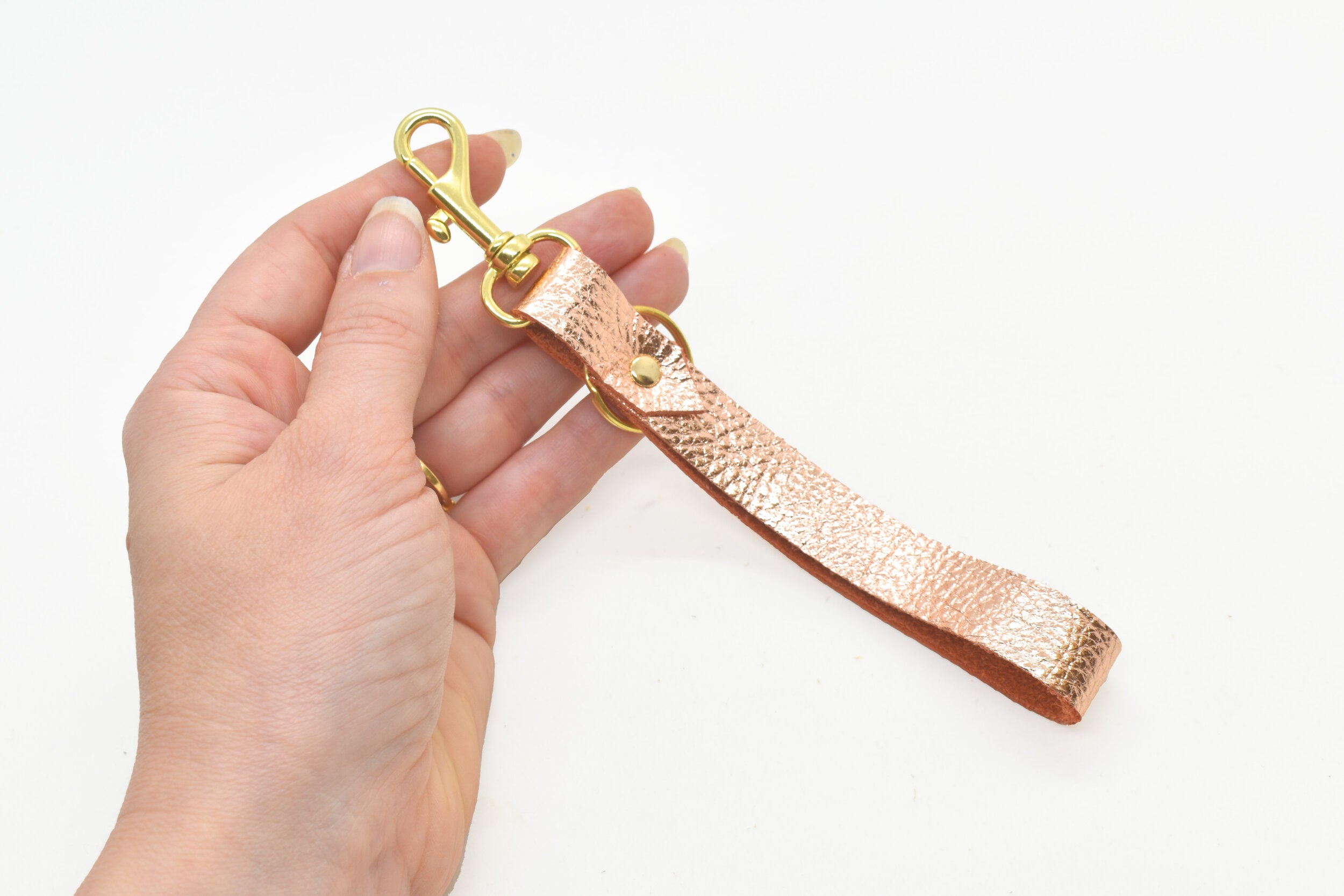 long leather keychain in rose gold metallic leather mixed metal look key chain