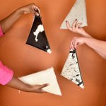 neutral clutch purse in hair on hide leather cowprint bag speckle pattern triangle clutch