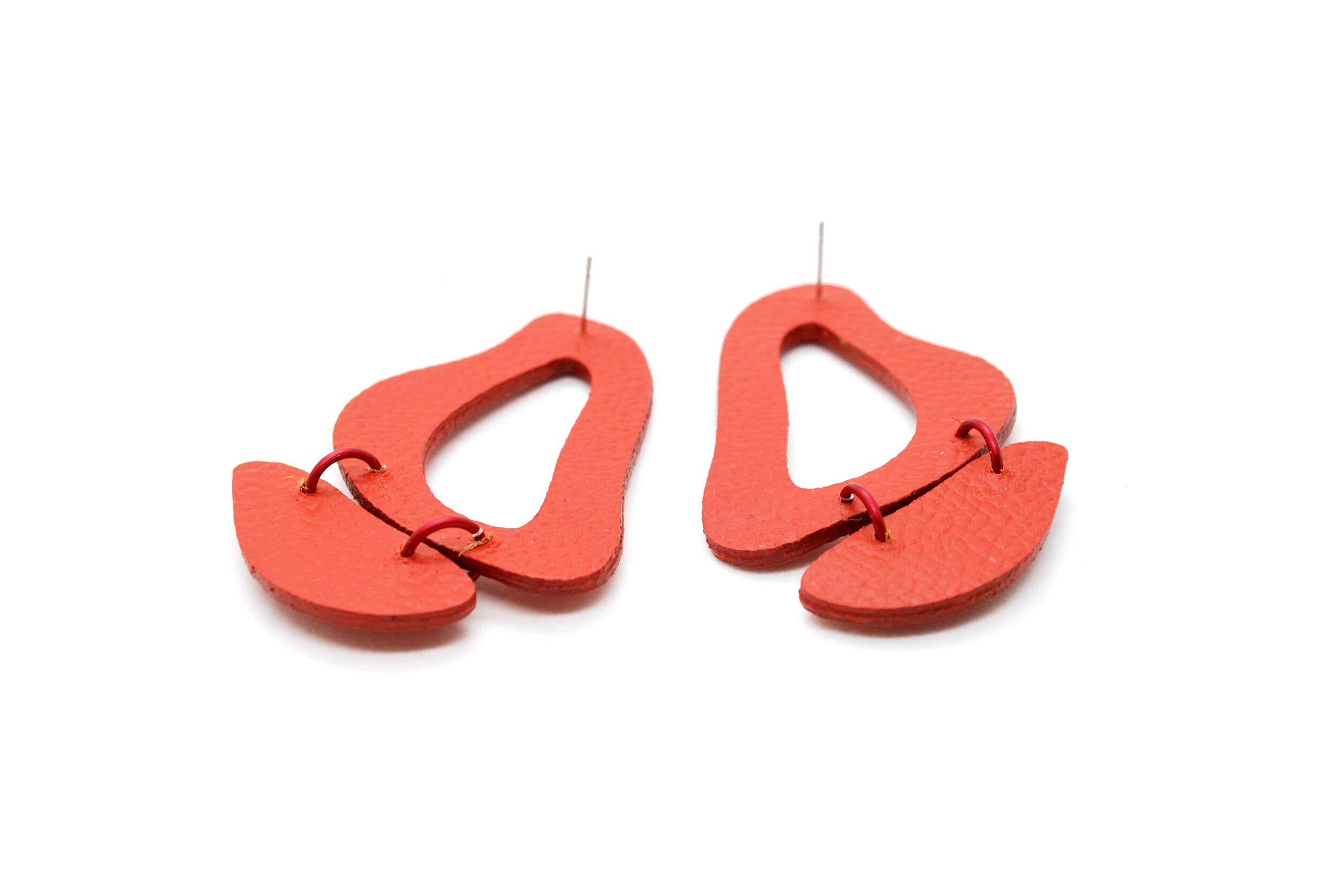 Bold, Funky Matisse-Inspired Earrings in Rust Red Textured Leather.