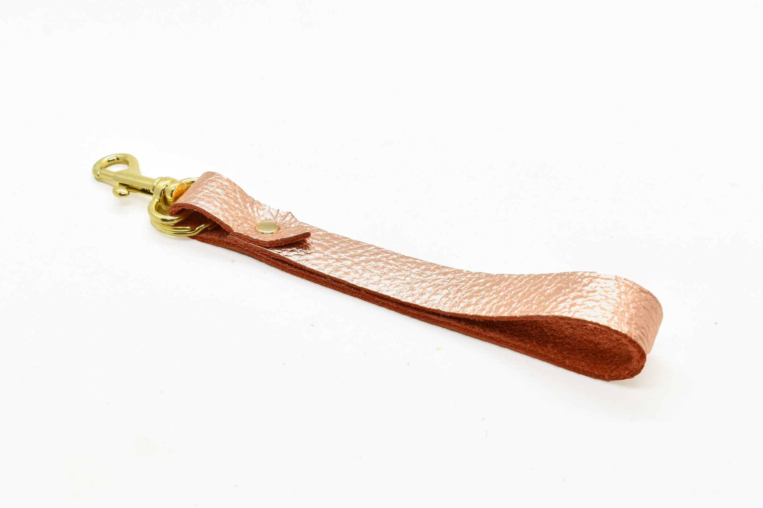 Minimal Leather Keychain Wristlet in Metallic Rose Gold Leather – Cold Gold