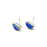 a pair of tiny gold studs flipped over to show the surgical steel post, they are marbled polymer clay gold earrings in sapphire color birth stone virgo jewelry gemstone earrings