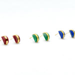 set fo three pairs of tiny gold studs. ruby studs, sapphire earrings, emerald stud earrings that are perfect for birth stone gifts for her gemstone earrings jewelry