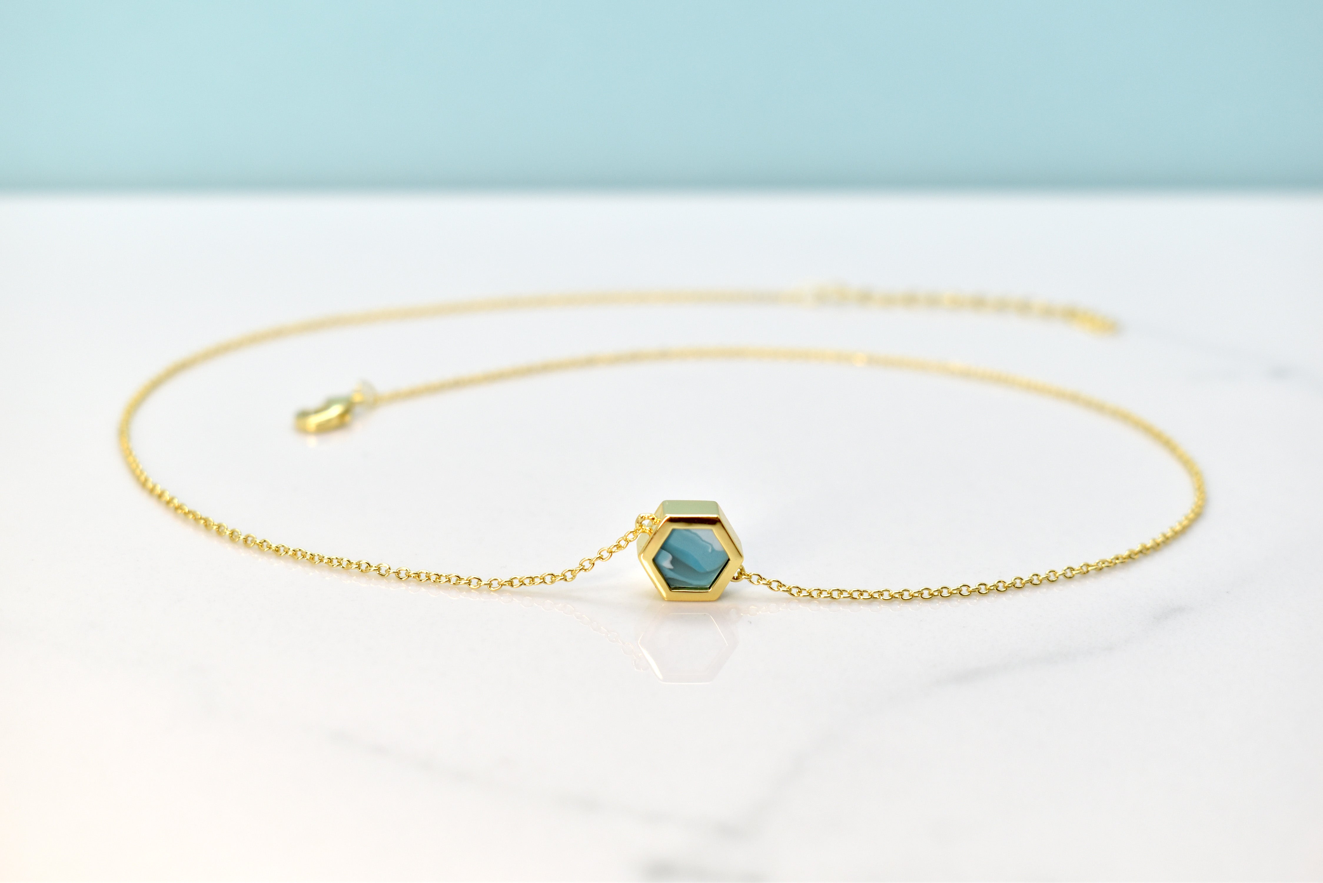 aquamarine gold hexagon jewelry necklace geometric 14k gold March birthday gift Pisces gift for her