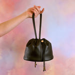 cute mini pebbled leather cinched drawstring black handbag 