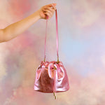 shiny pink leather stylish medium sized bucket bag gift for girlfriend