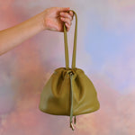 pebbled olive green leather everyday versatile handbag scrunch top