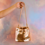 cute rose gold leather bucket bag scrunch top drawstring closure gift for girlfriend