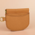 minimal leather card wallet pebble grain leather wristlet in caramel brown with squeeze clasp 