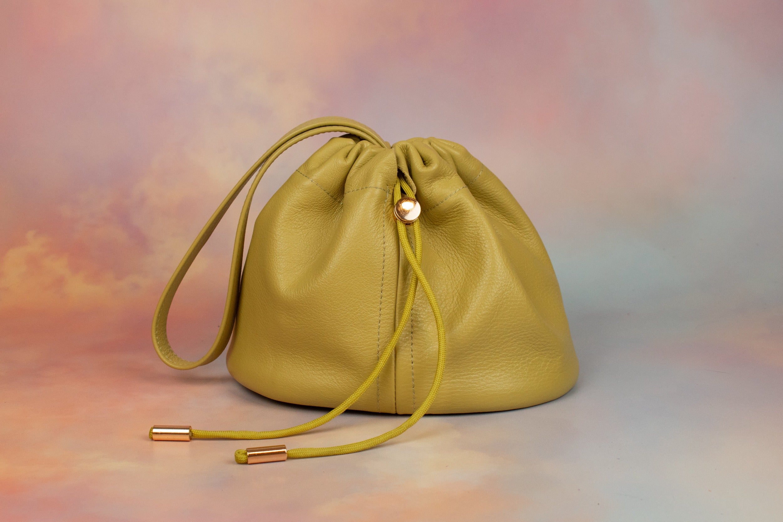 puce green leather chartreuse drawstring mini handbag