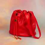 handmade cherry red pebbled cute mini leather shoulder bag scrunchie top gold hardware