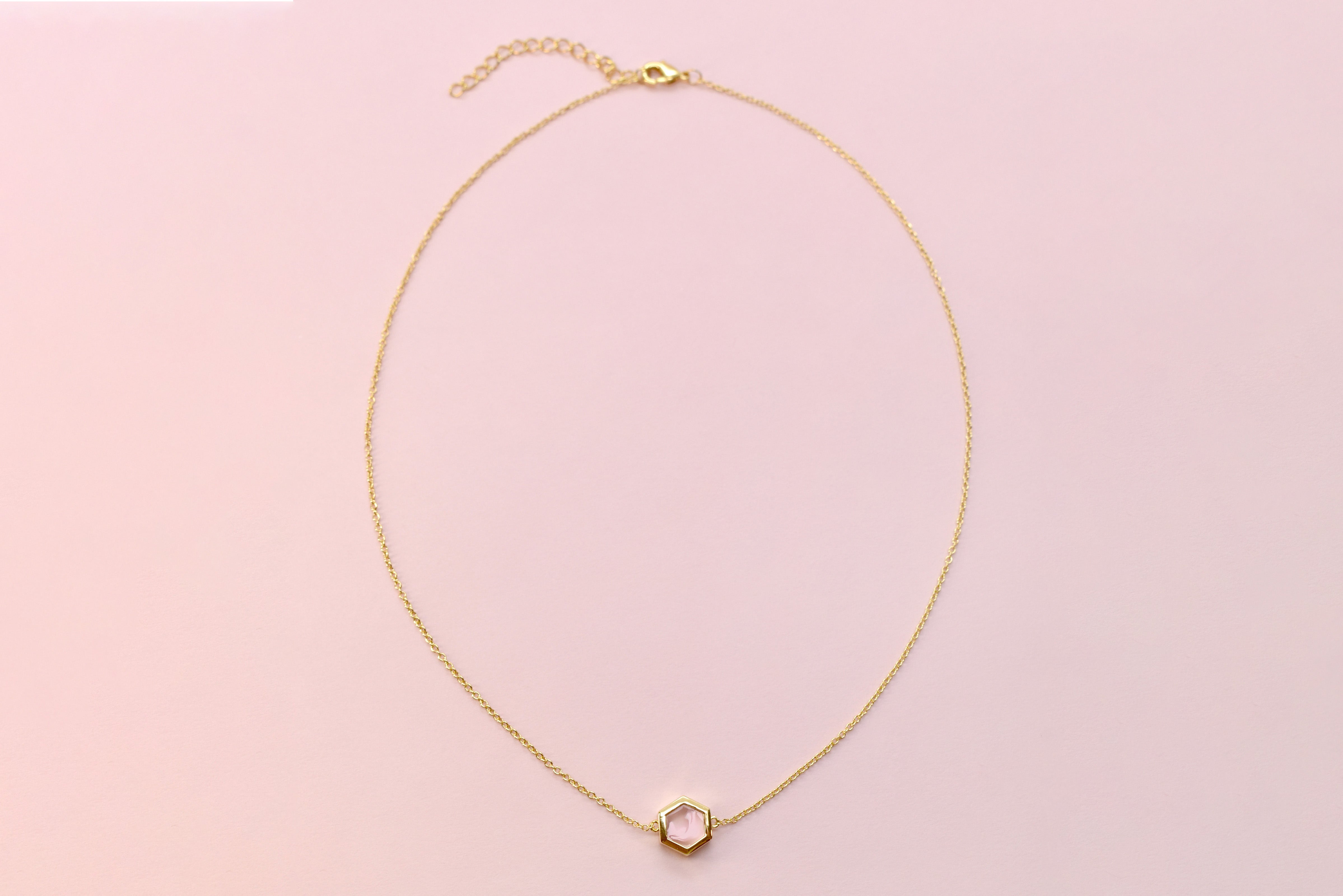 rose quartz hexagon necklace geometric jewelry polymer clay jewelry rose quartz necklace short