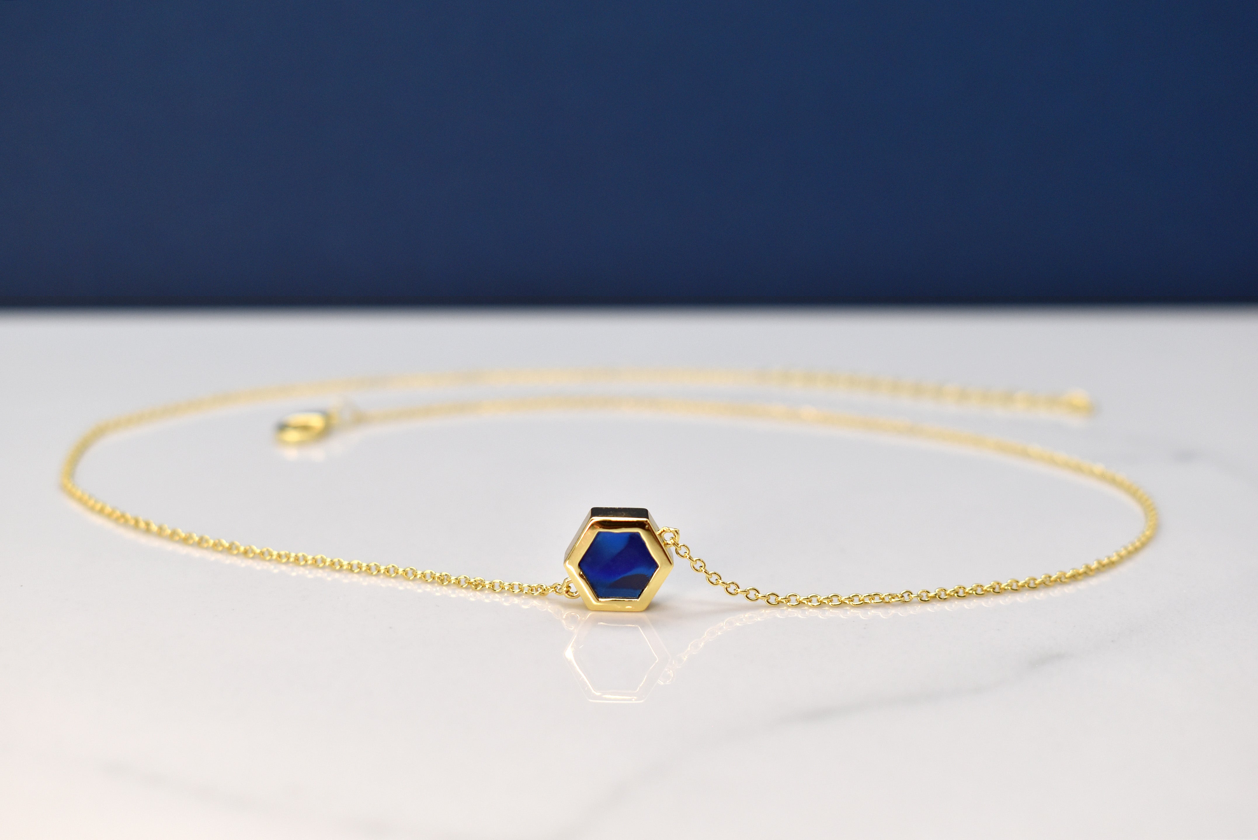sapphire gold necklace hexagon jewelry 14k gold necklace dainty delicate minimal jewelry