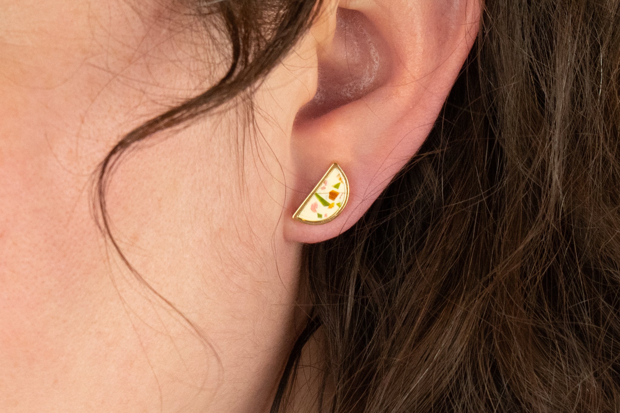 unique handmade clay earrings in gold geometric shape in terrazzo pattern