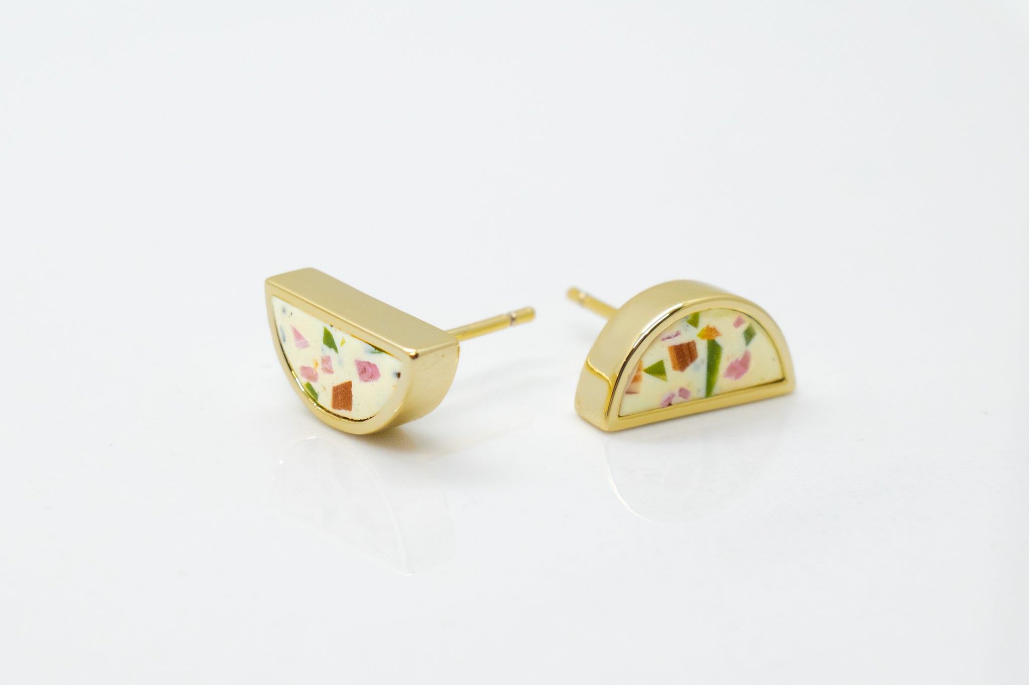 multicolored terrazzo inspired modern stud earrings in geometric gold half moons