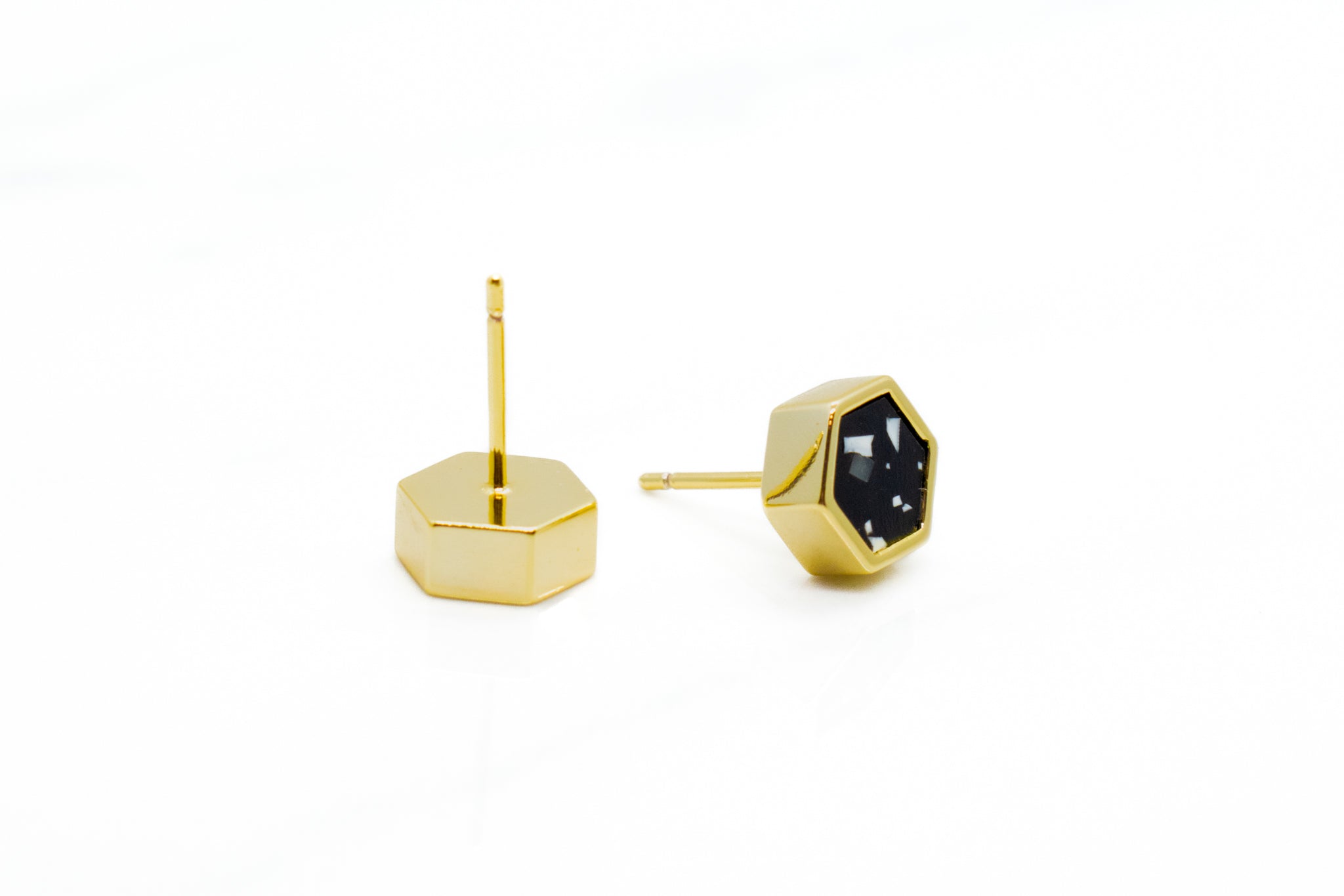 gold plated brass stud earrings with black and white clay in terazo design