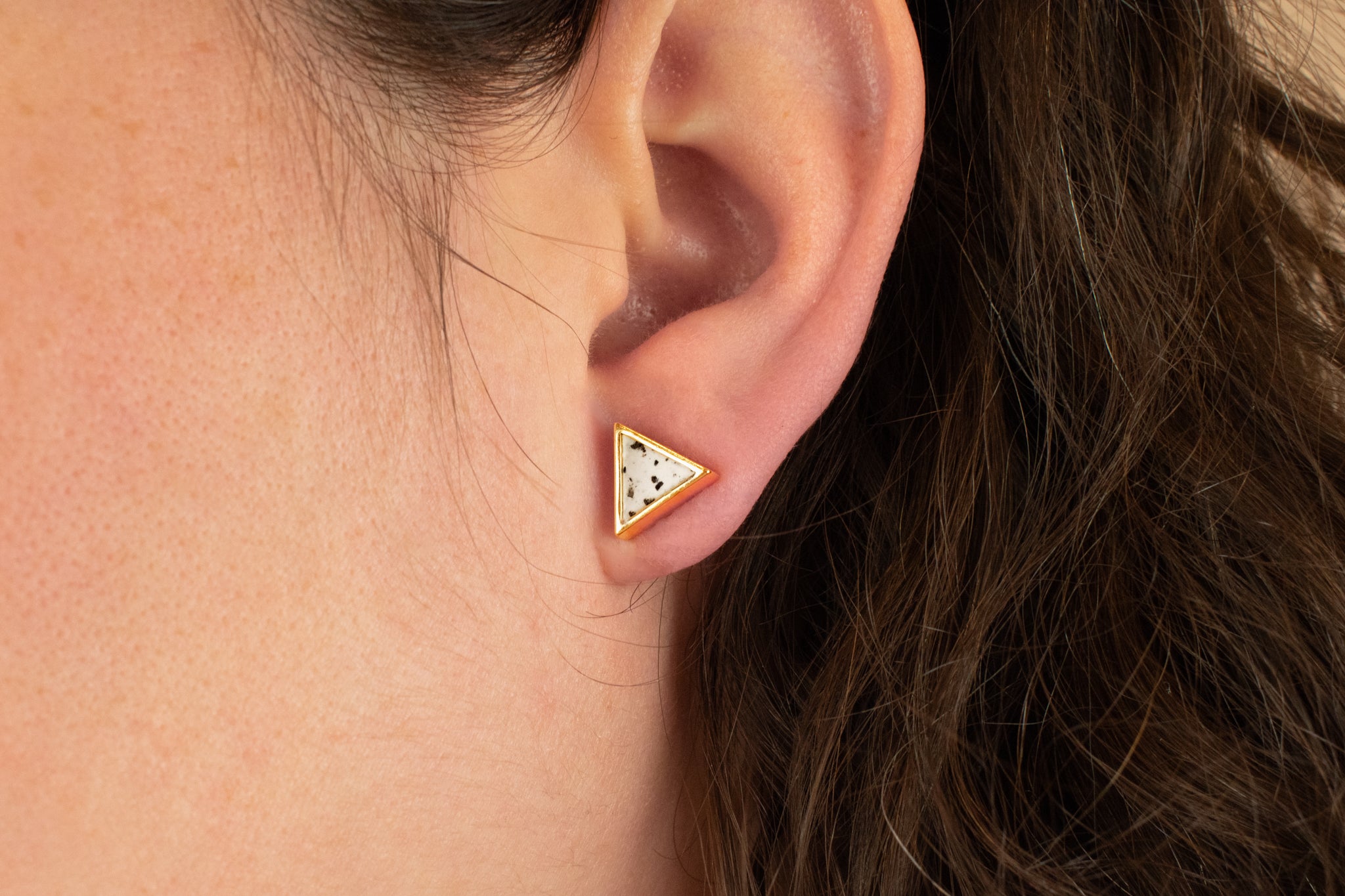 close up of everyday white polka dot earrings in 14k gold