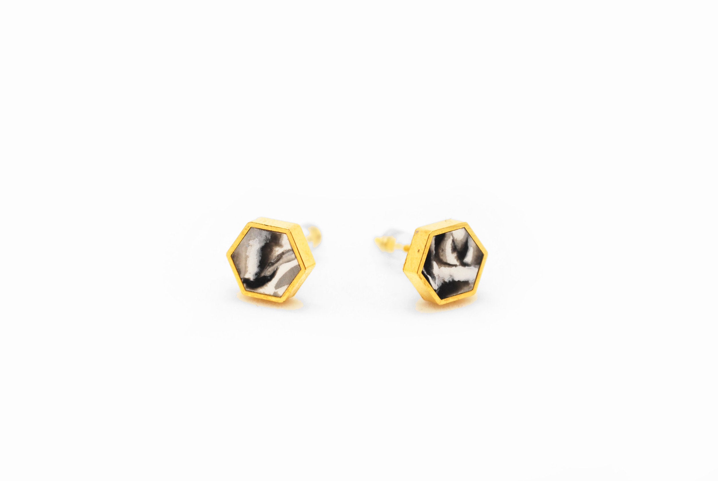 Zebra Stripe Gold Hexagon Earrings 