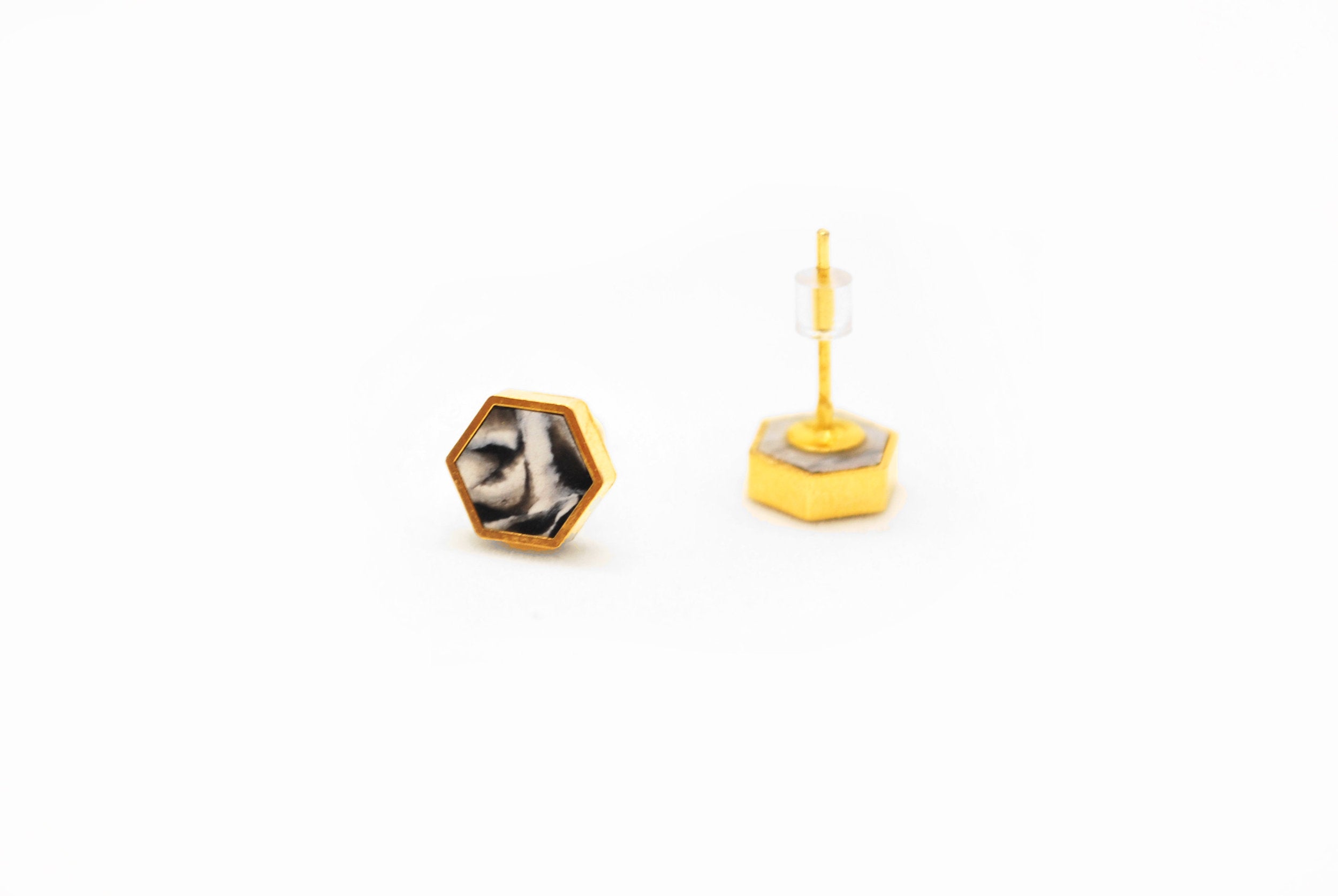 Jasper Stone Hexagon Earrings Black White and Gold