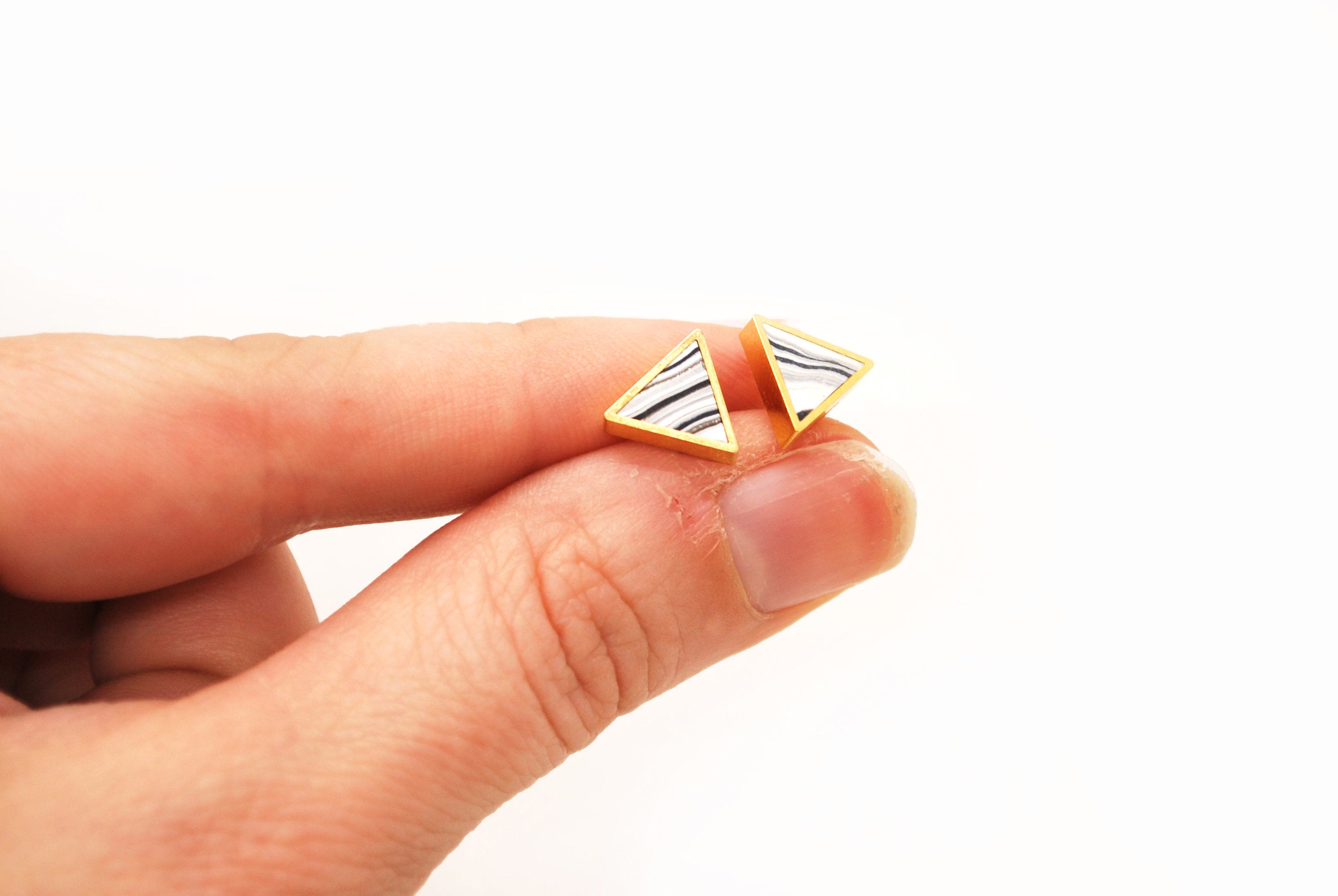 Small Triangle Earring Studs in Gold and White Marble