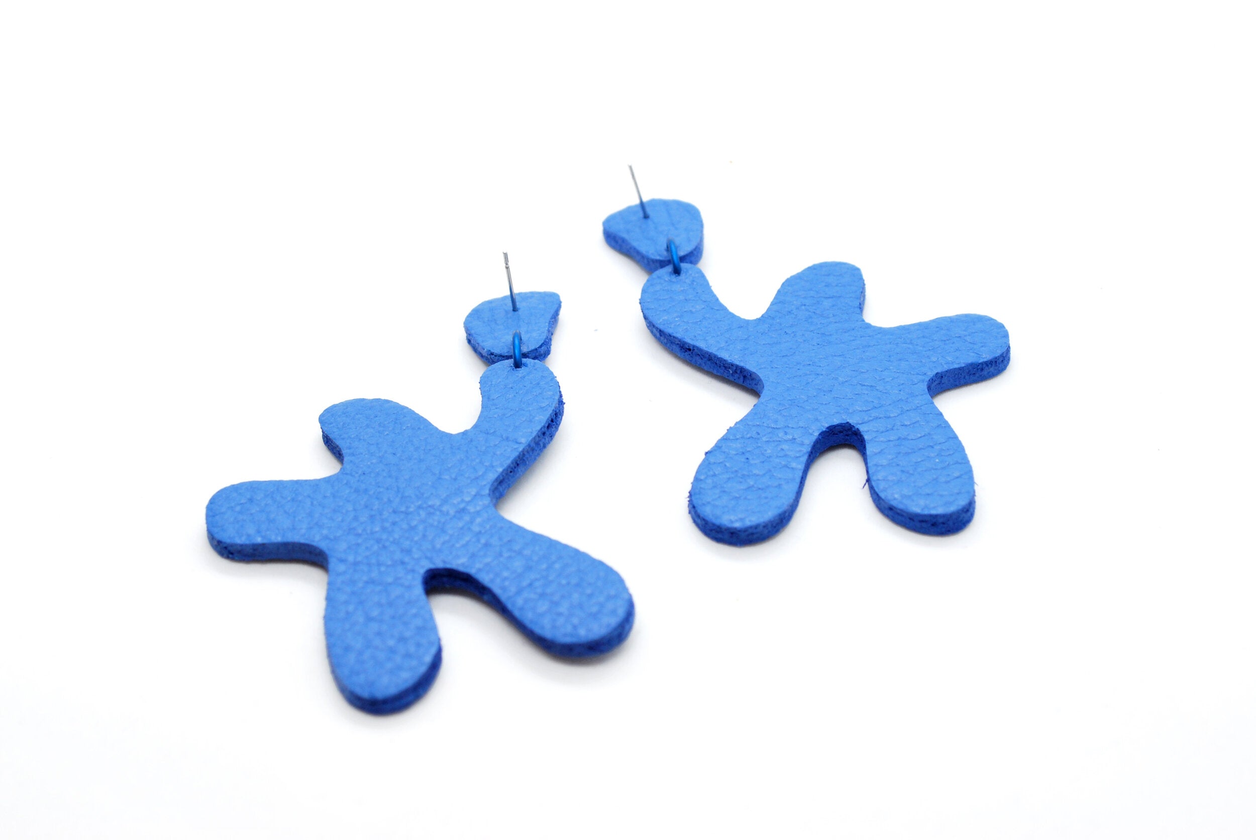 big, bold blue leather Matisse-inspired earrings with surgical steel posts.