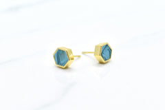 gold hexagon earring stud set aqua blue marble polymer clay earrings birthstone march earrings jewelry