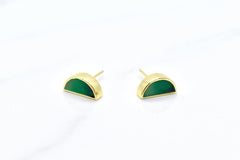gold half moon stud earring set in emerald green clay with posts that are good for sensitive ears, sterling silver 14k gold
