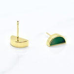 bright emerald green marbled tiny halfmoon earrings with 14k gold plating on sterling silver posts shown on white background