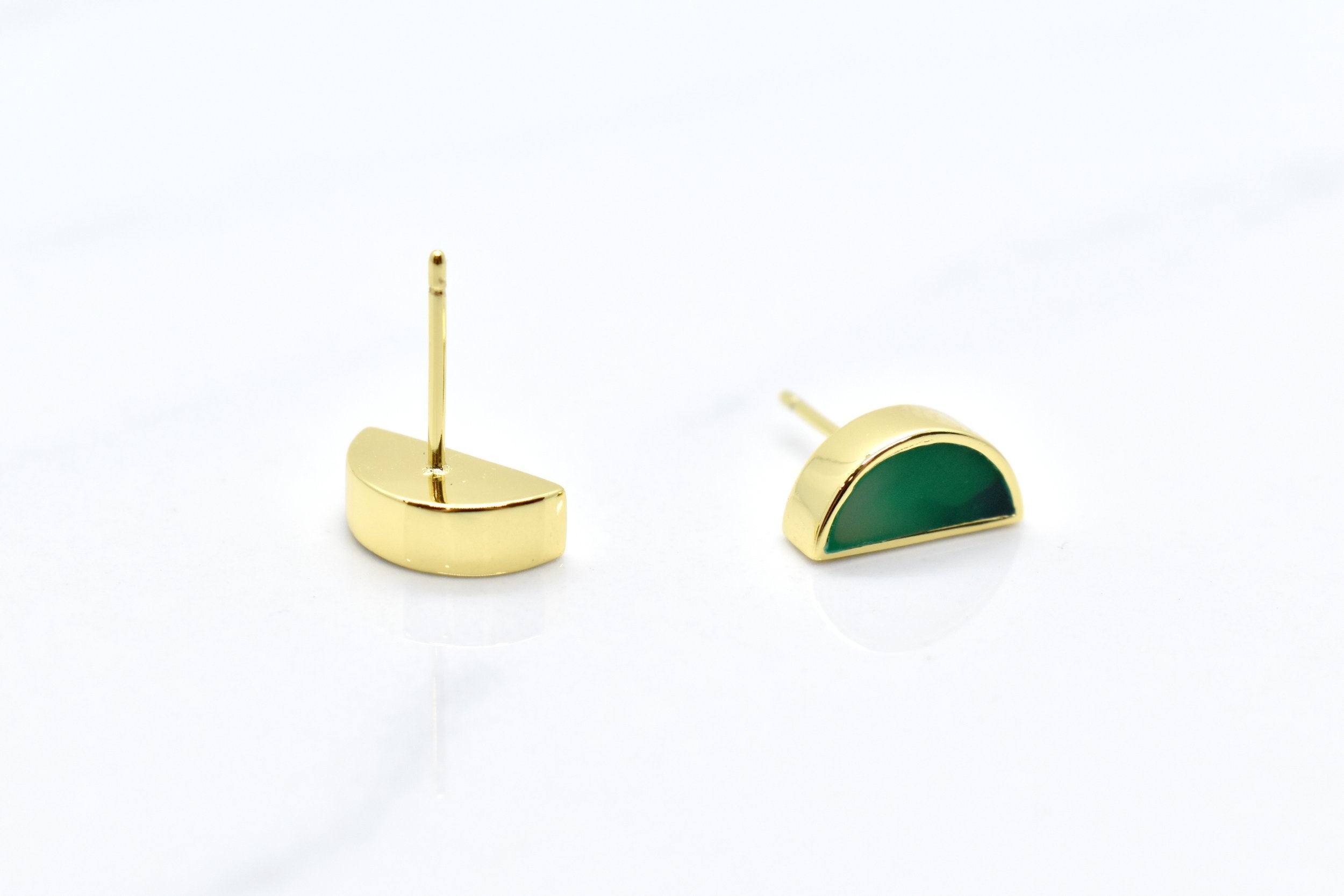 bright emerald green marbled tiny halfmoon earrings with 14k gold plating on sterling silver posts shown on white background
