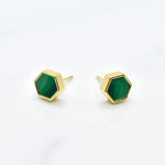 green and gold hexagon stud earring set with swirling emerald texture and 14k gold hexagon shape against a white background