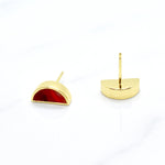 deep ruby red marbled tiny halfmoon earrings with 24k gold plating on white background